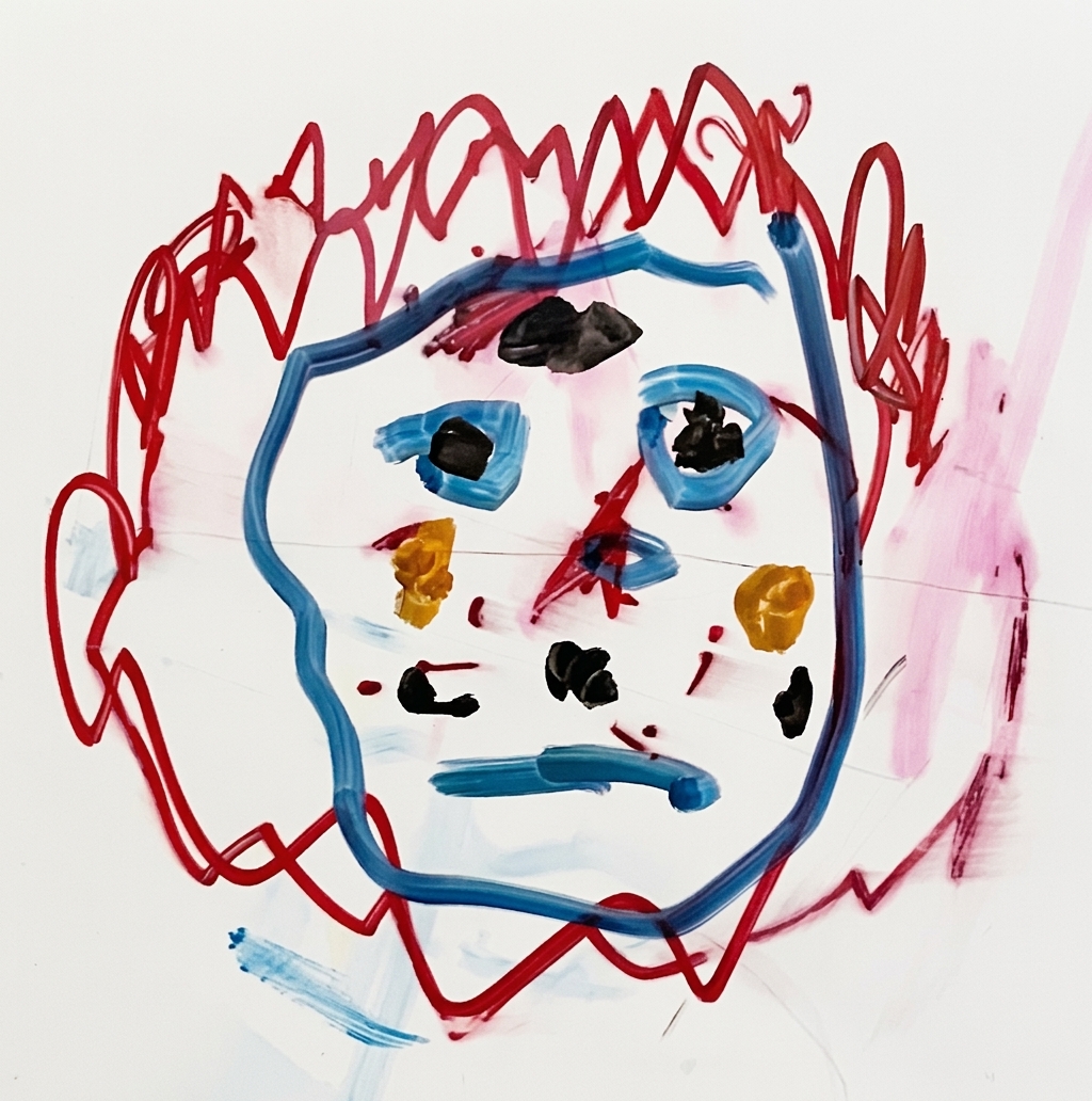 An abstract portrait of a face features a blue outline of the head, zig-zagging red hair, black eyes, a blue mouth, and yellow spots for cheeks.