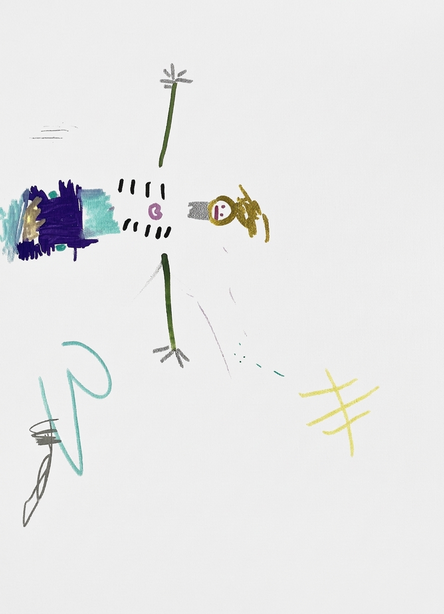 A crude, stylized figure of a person is depicted in the center, flanked by scribbled shapes and lines in various colors against a white background.