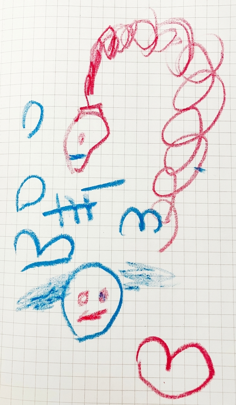 Red and blue scribbles fill a page of graph paper, depicting a small face, hearts, and a long, curly red shape.