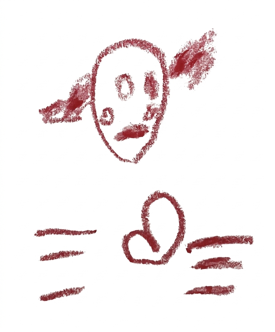A face with pig-tails and a heart with whiskers on either side are featured in red crayon on grid paper.