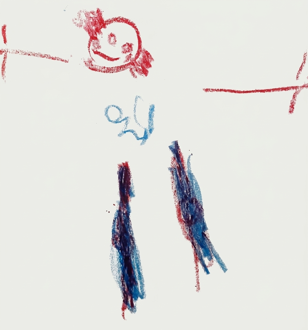 A sheet of graph paper features a red circle with a smiling face near the top, along with abstract blue and red markings scattered below.