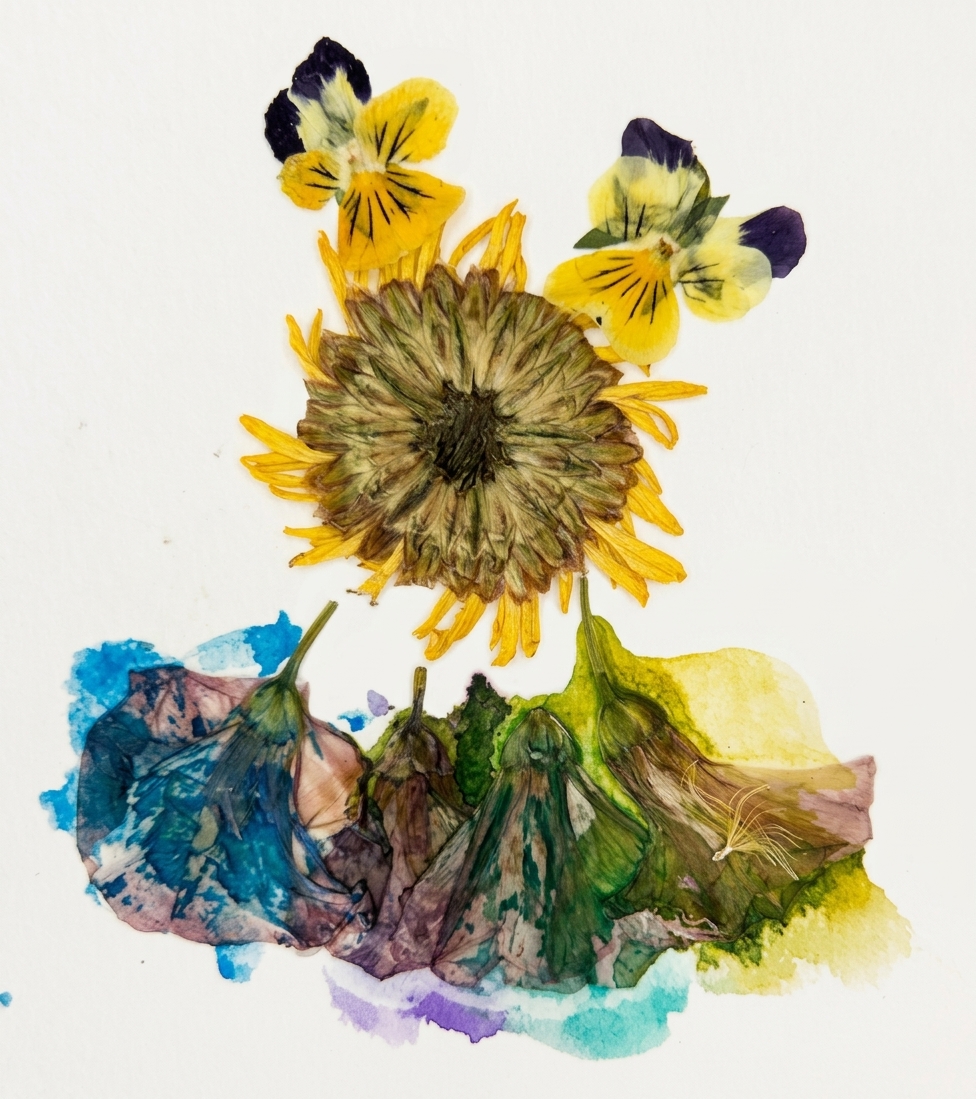 Pressed flowers and petals are arranged on a white background to form a figure, with a large, dark flower head serving as the body, smaller yellow and purple pansies as the head and shoulders, and hanging blue and green petals forming the skirt.