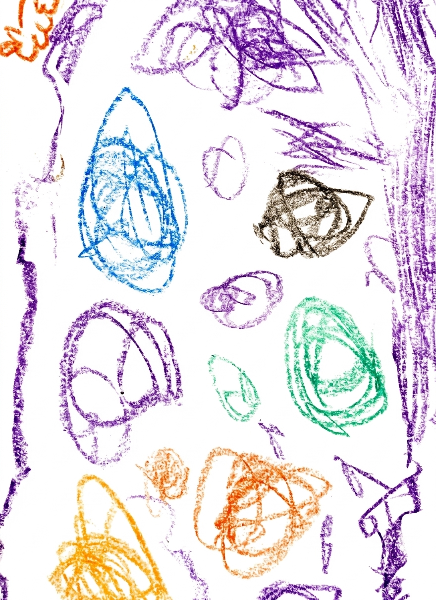 Multiple colorful scribbles of different shapes in blue, purple, green, orange, and gray fill the white page.