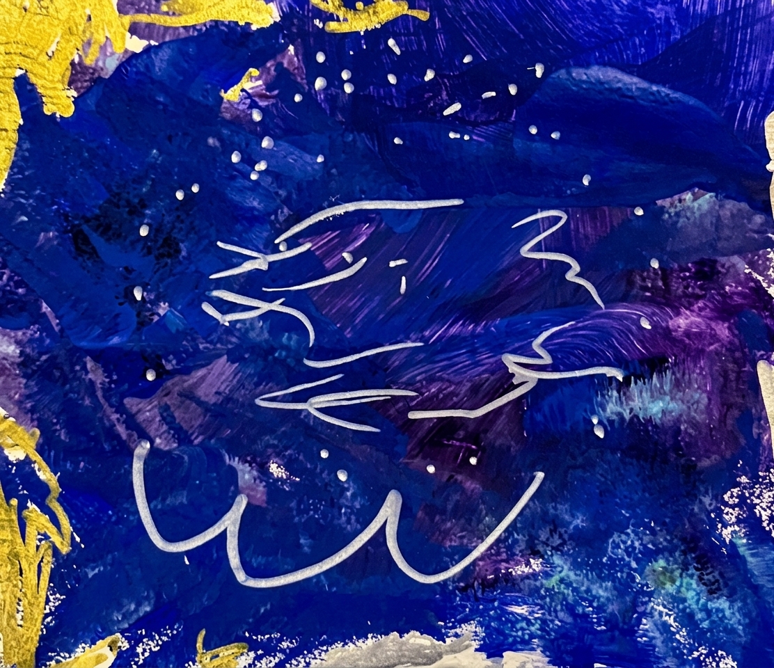 An abstract composition features textured blue and purple tones, accented with splotches of yellow and various white lines and dots.