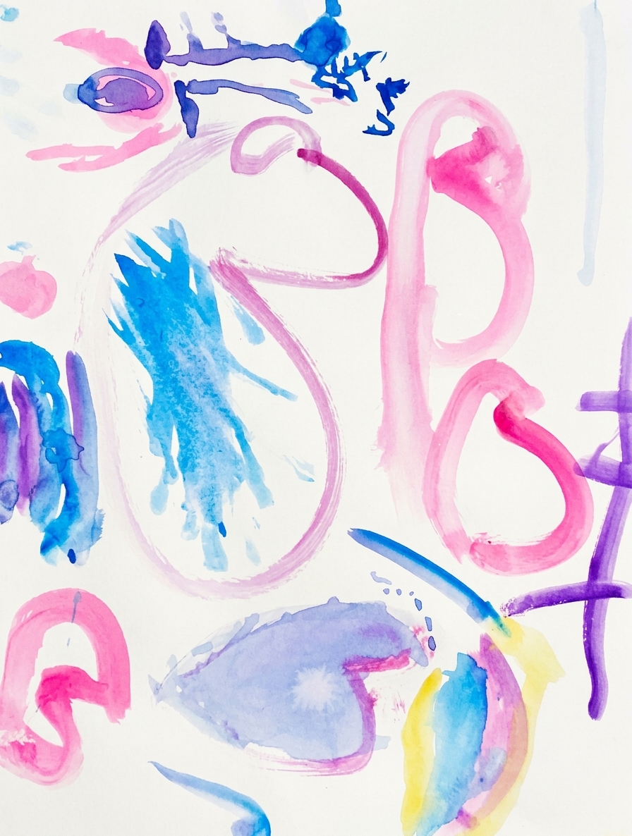 Various colors of paint cover a white background, including blue, pink, and purple. The paint is splashed, smeared, and applied in looped shapes across the surface.
