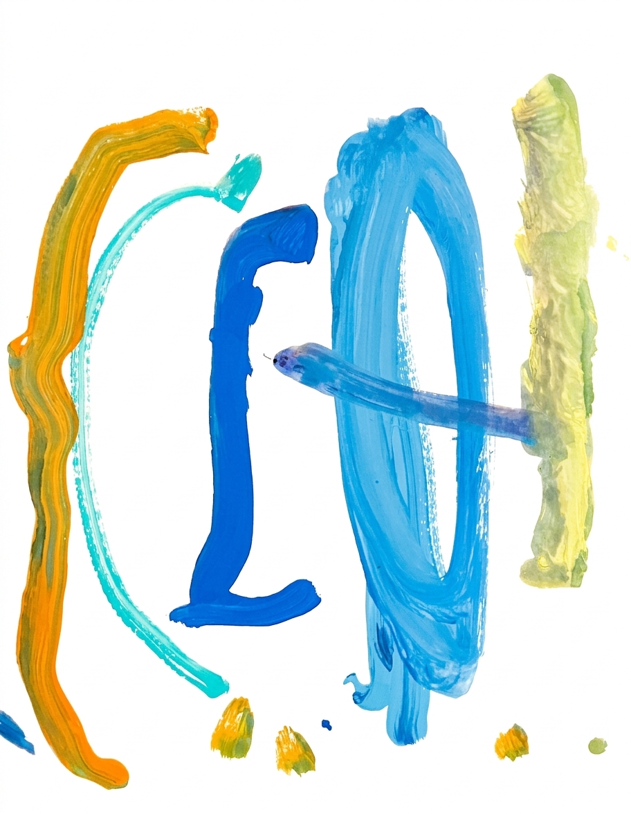 A vertical composition of abstract color strokes in orange, teal, blue, and yellow on a white background features a prominent dark blue letter C curving leftward near the center, alongside a larger light blue oval shape and various smaller smudges and splatters.