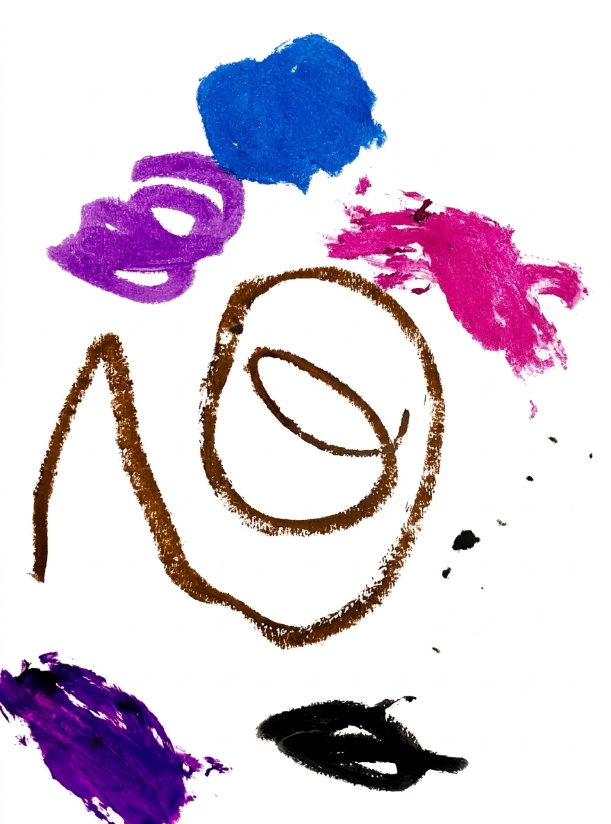 Abstract colorful marks and smudges in blue, purple, brown, pink, and black appear on a light background.