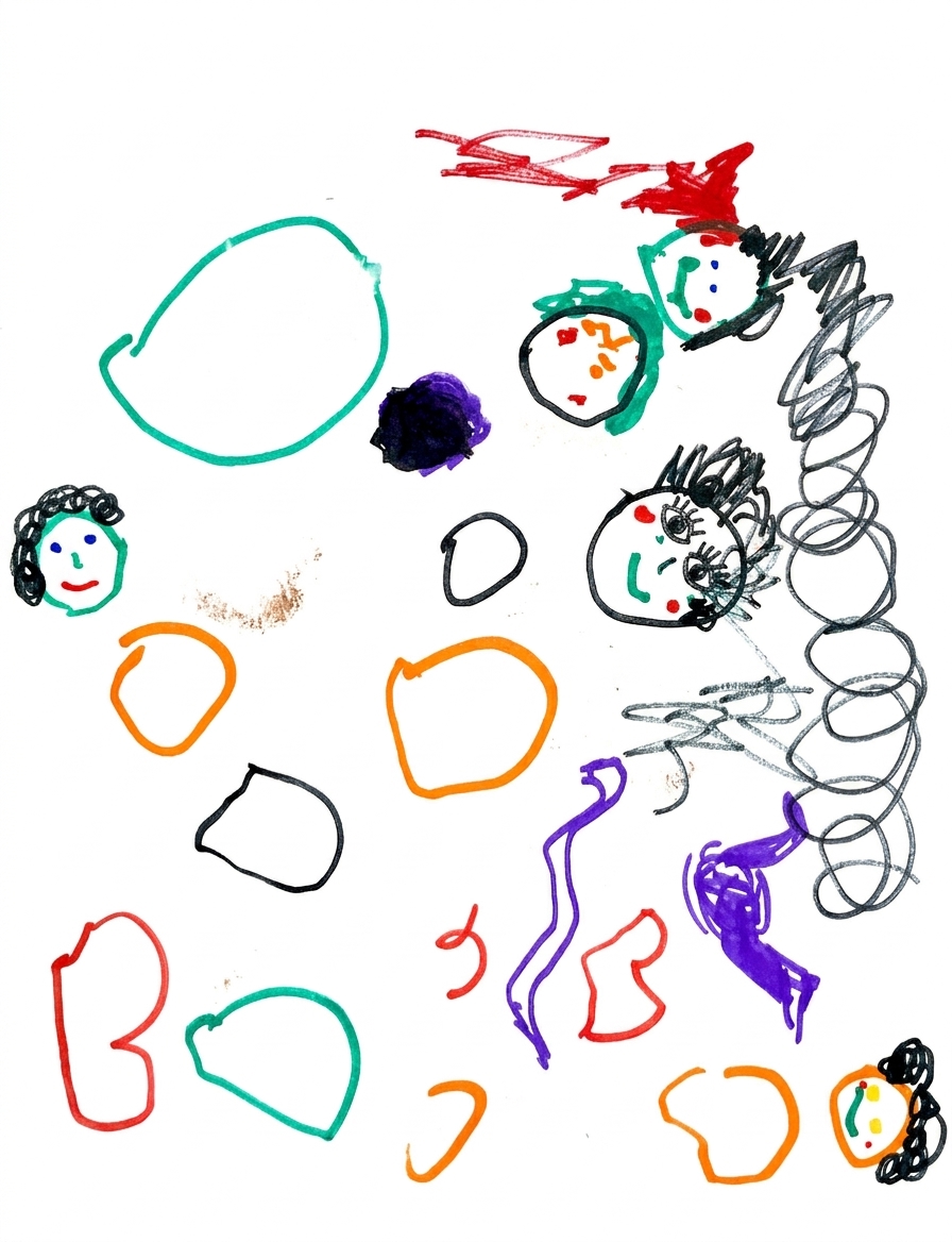 Several simple faces with hair and facial features are scattered across a white background, interspersed with colorful loops, circles, and squiggly lines in black, red, green, orange, and purple.