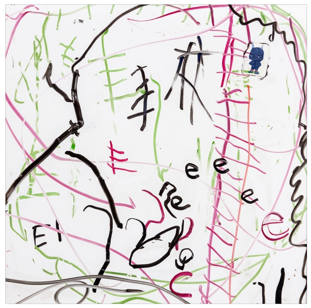 A white surface is covered in colorful marks, scribbles, and letters, including a sticker of a blue monster.
