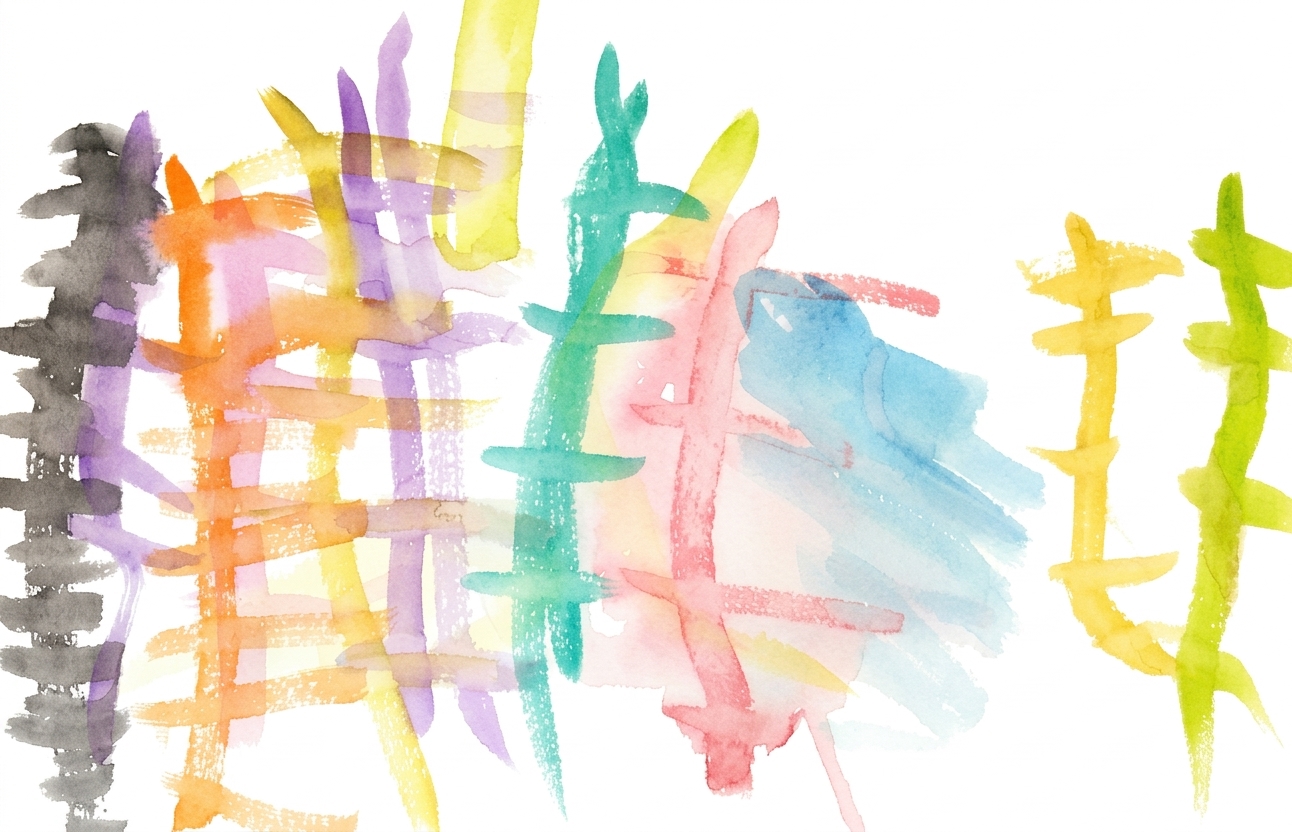 A composition of vertical and horizontal brushstrokes in various colors like black, orange, purple, green, pink, and yellow sits on a white background.