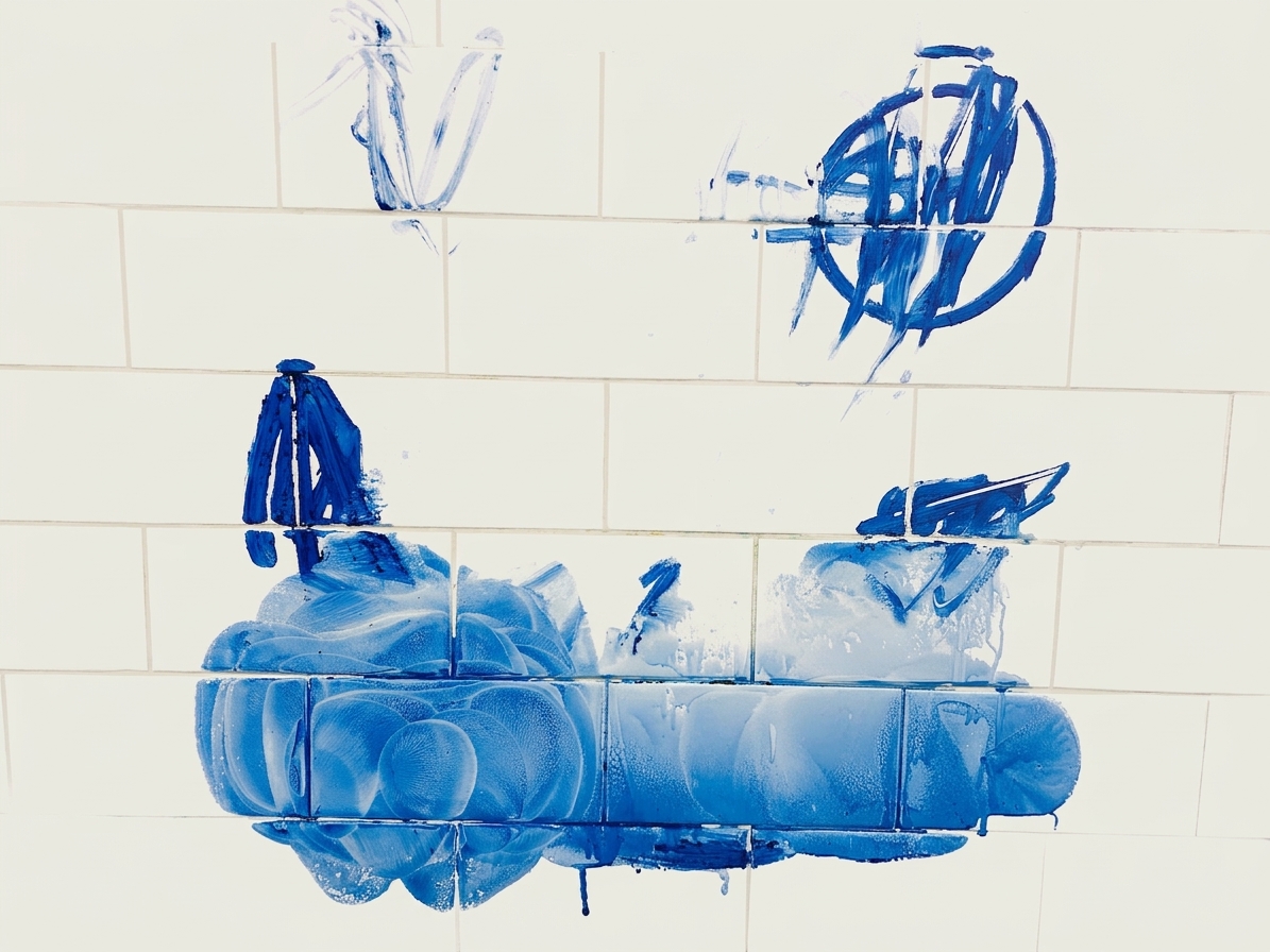 Blue smudges and scribbles are on a white tiled wall.