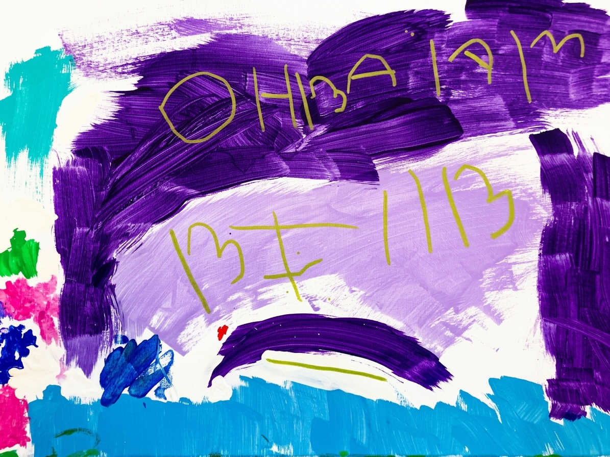 An abstract composition features strokes of purple, blue, green, and pink paint with handwritten yellow text saying OHBAIAM and B7113.